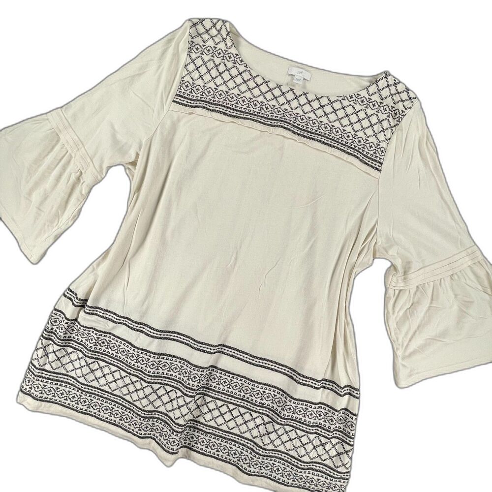 J Jill Size XL Cream Black Embroidered Cotton Knit Tunic Top Boho Minimalist